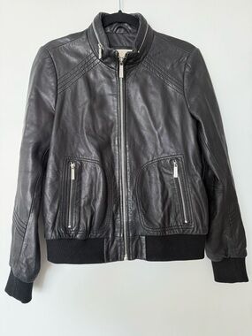 Michael Kors Black Leather Zip-Front Jacket